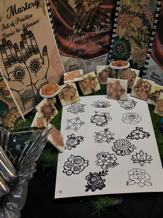Reusable Mehandi/Henna Stamps Pack of 10 Beautiful Designs,Ink Pad and 1 Bridal Henna cone.