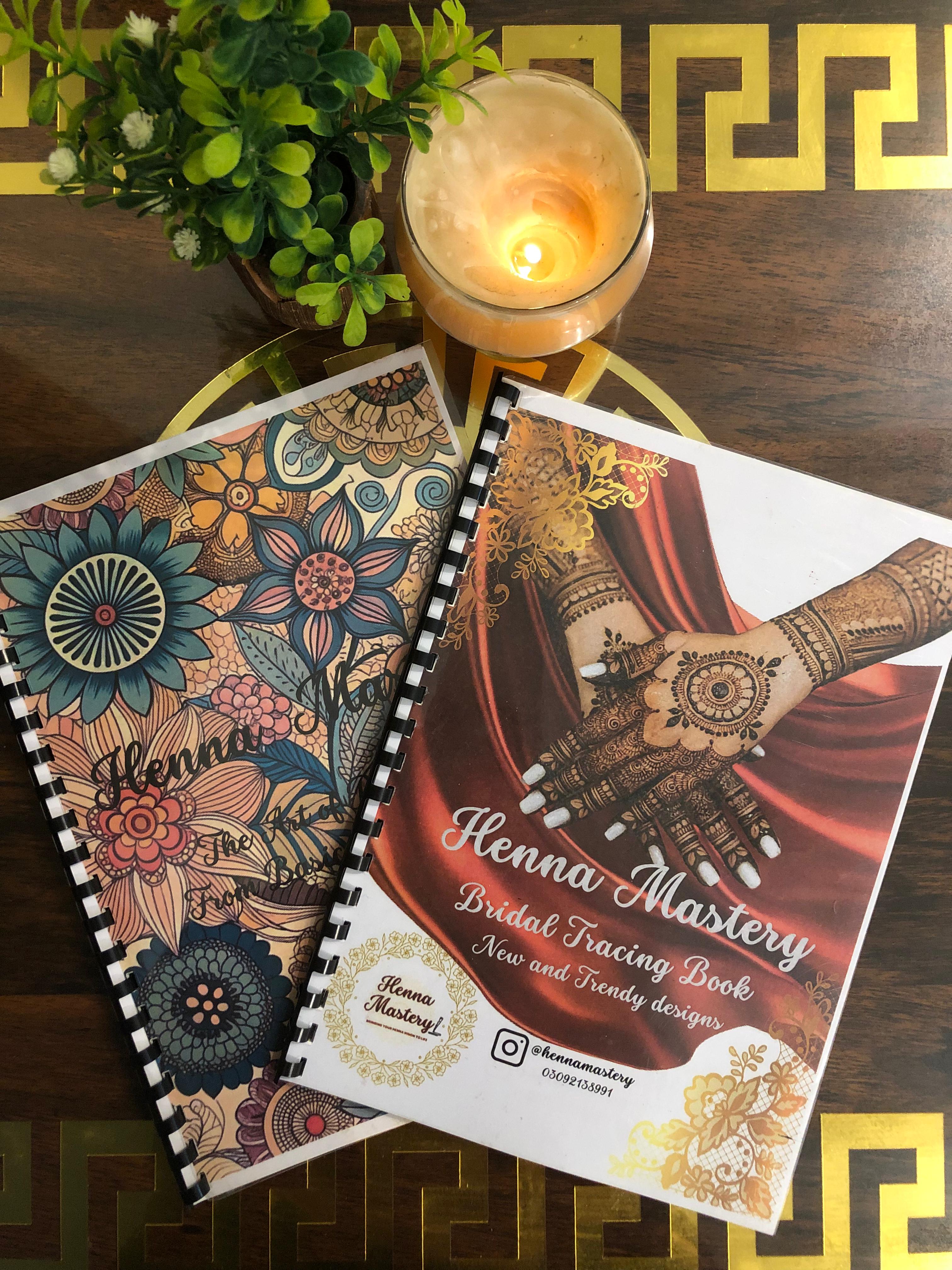Pack of any 2 Henna Tracing Books of your choice with Reusable Acrylic sheet, a practice cone and free Dc.