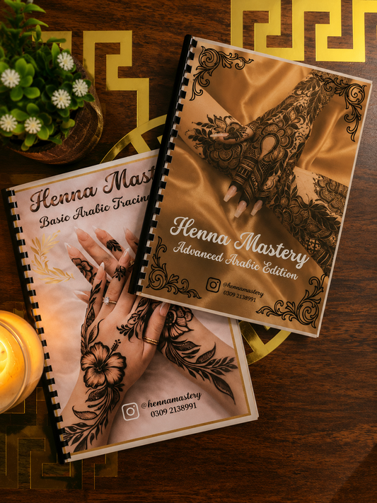 Arabic Henna Reusable Tracing Book Volumes Basic and Advanced Edition + FREE Reusable Acrylic Sheet and a Practice Cone.